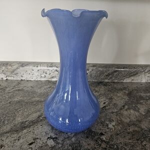 Murano Hand Blown Glass Vase Periwinkle Blue 13" Tall Speckled Ruffle Rim